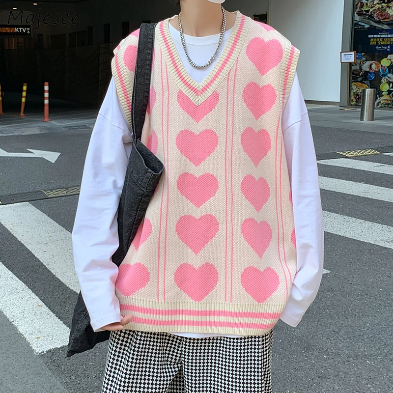 

Sweater Vest Men Heart Print Unisex Clothing College Male Teens Streetwear Dynamic Personality Hip Hop Baggy All-match Popular