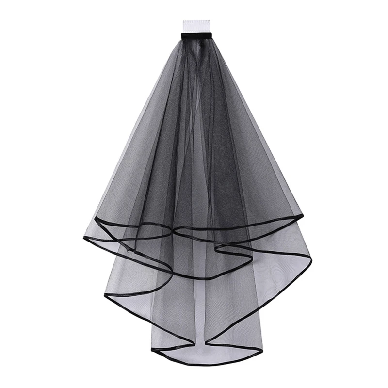 

Double Mesh Tulle Ribbon Edge Women Short Wedding Veil with Comb Bride Headpiece