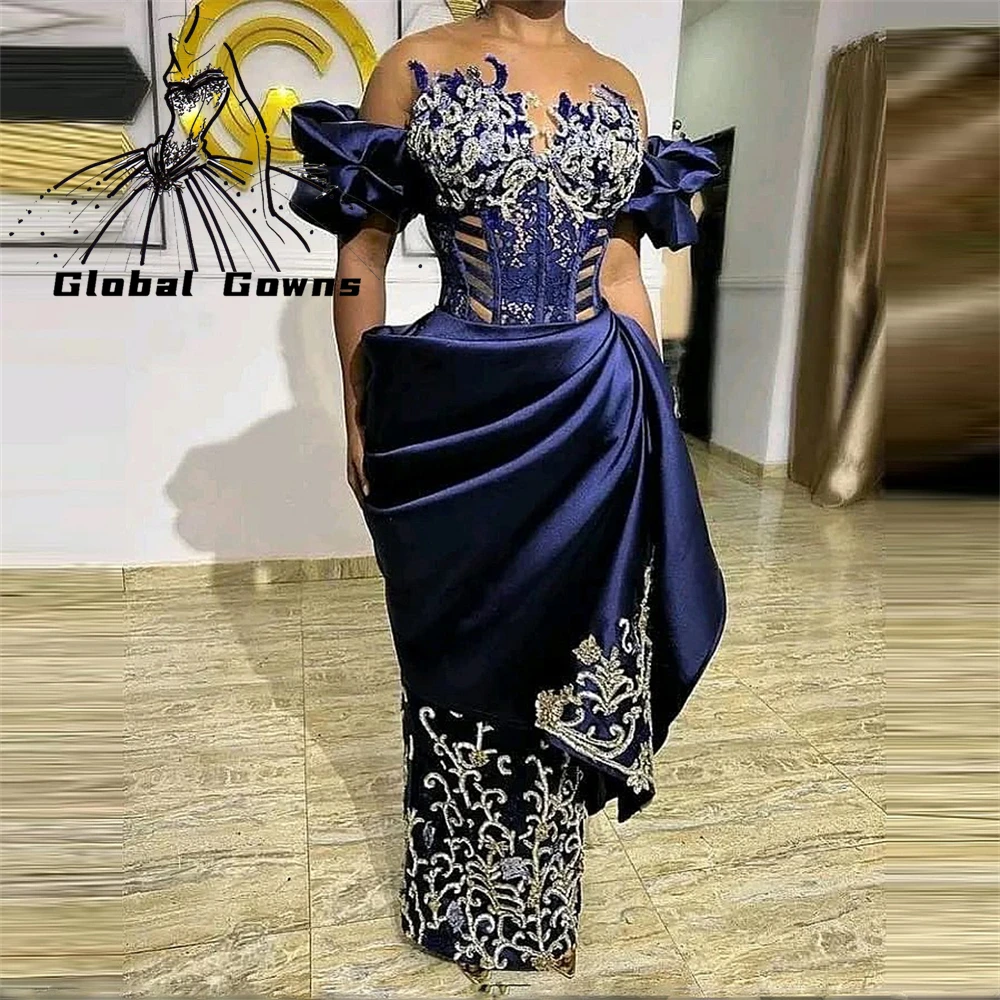 

Elegant Navy Blue Evening Dress For Black Girls Beaded Appliques Birthday Party Gowns Ruffles Formal Dresses Mermaid Robe De Bal