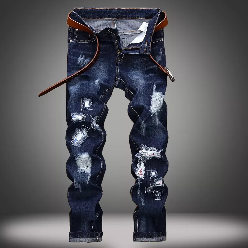2022New Ripped Distressed Destroyed Straight Fit Washed Denim Jeans Plus Size 40 42 Men Blue Casual Jeans Punk Clothes