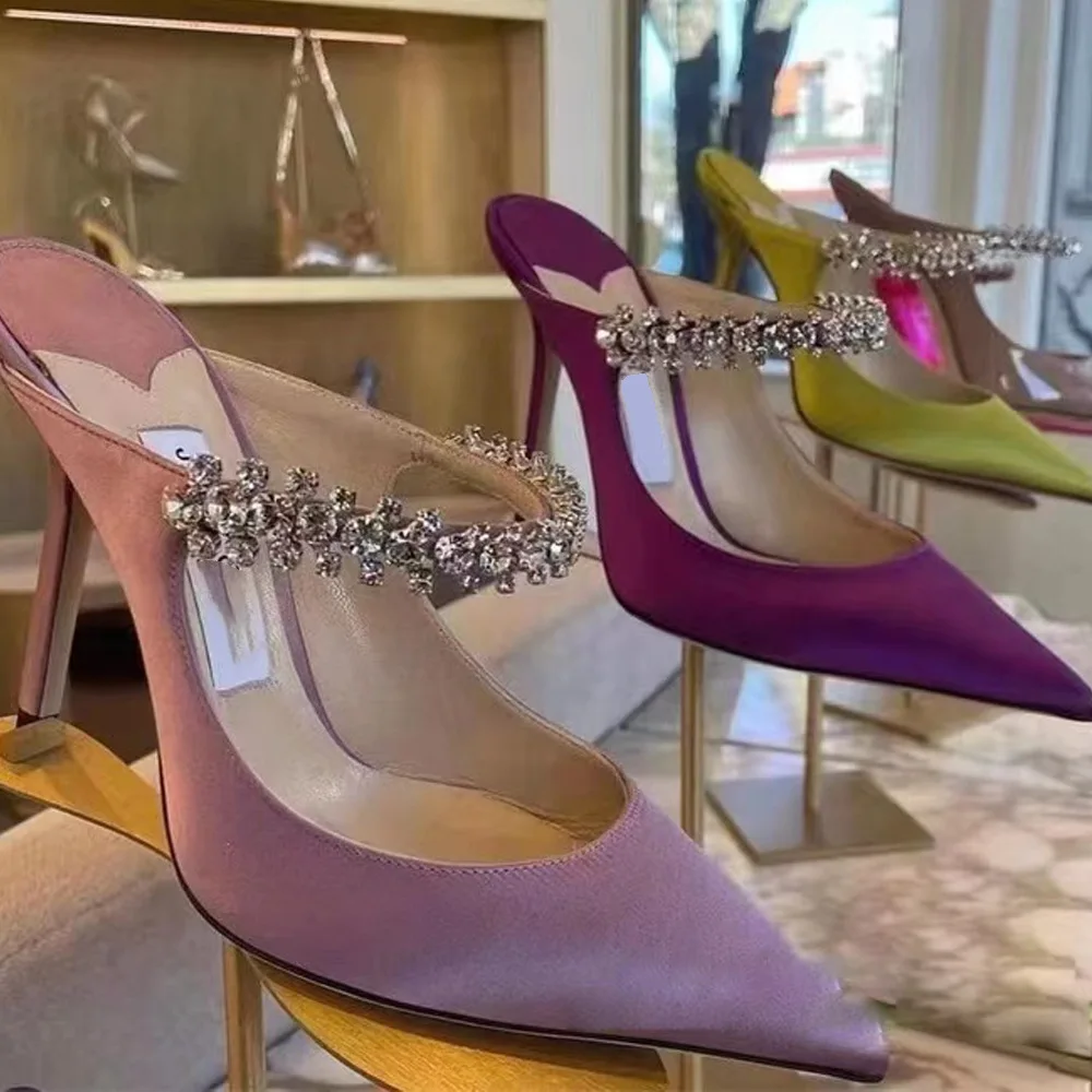 2023 New Pointed Shoes High Heel Rhinestone Baotou Silk Women's Slippers
