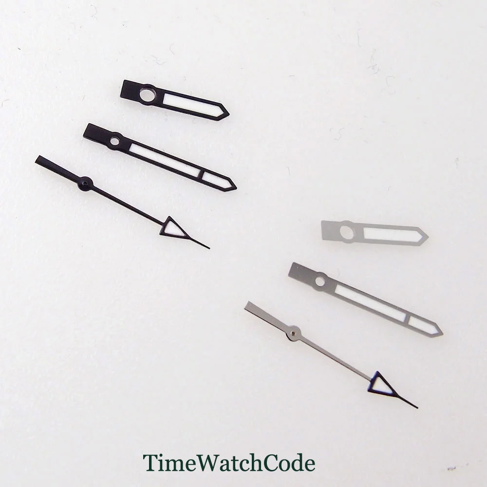Фото Стрелки для часов серебристые/черные, подходят для механизмов NH35A NH36A 7s26 7s36 7s25 7s35 6r15 4r15 4r35 4r36 6309 7002 7009, с зеленой люминесценцией. №1