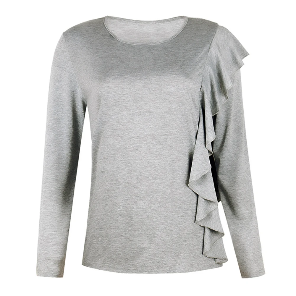 

Женские Простые просторные однотонные рубашки, модный Свободный джемпер, изящный дизайн, топы с оборками и длинным рукавом и круглым вырезо...