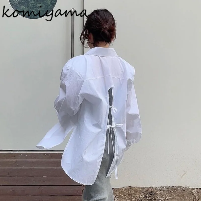 Блузка женская с вырезами на спине шнуровке бантом однобортная весна-осень 2024