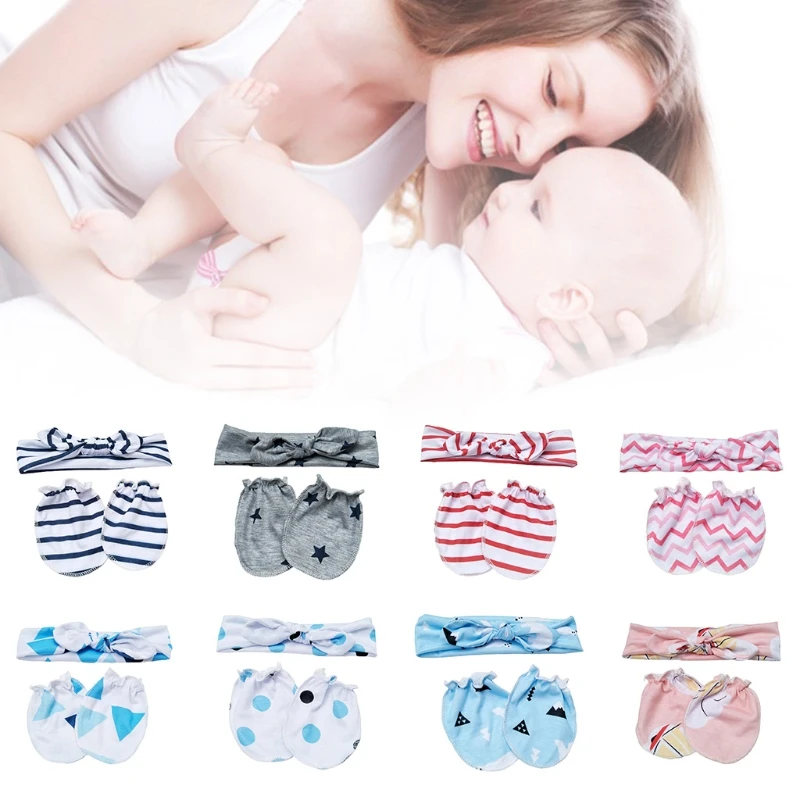 

Baby Anti-scratching Gloves Knotted Headband Set Newborn Mittens Hair Band Headwear Kit Infants Shower Gifts