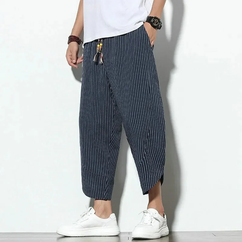 

Baggy Cotton Linen Harem Pants Men 2023 Korean Vintage Striped Women Hip Hop Plus Size Wide Leg Pant Pantalone