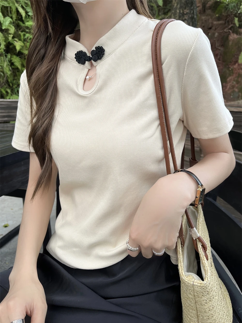 Новая китайская футболка с пряжкой на плечах и коротким рукавом женская больших