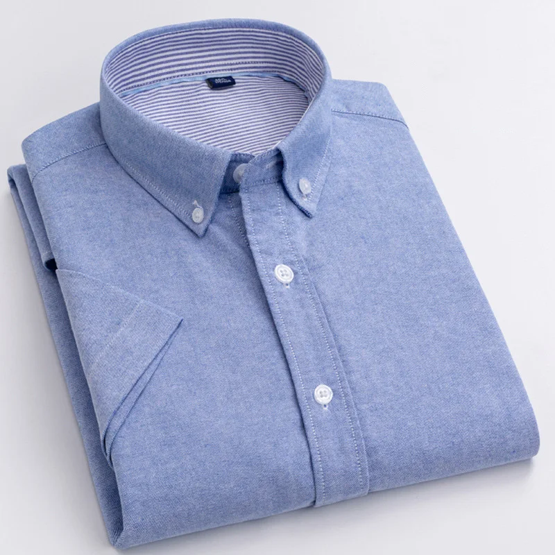 Summer Pure Cotton No Pocket Oxford White Short Sleeve Casual Camisas Masculinas Man Social Shirt