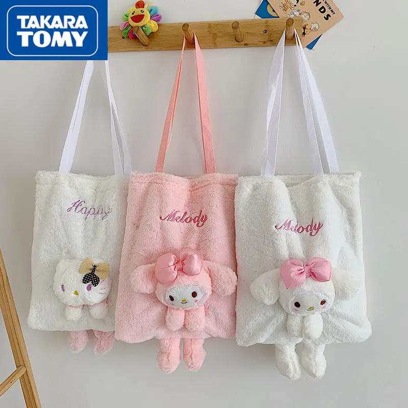 

Женская зимняя плюшевая сумка Hello Kitty, белая, розовая сумка через плечо, модная плюшевая женская сумка-мессенджер