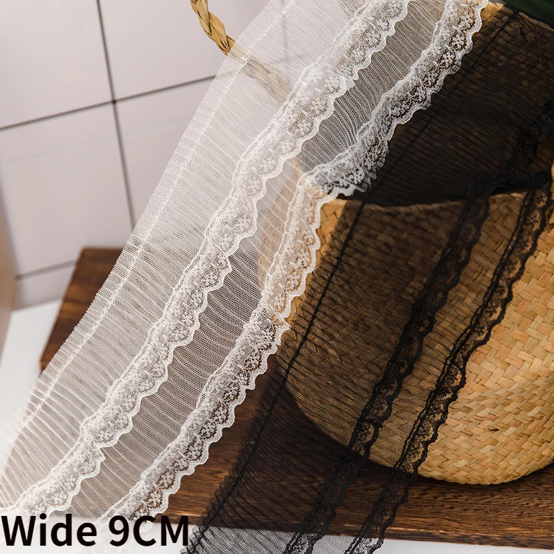 

9CM Wide Double Layers Pleated Mesh Elastic Lace Fabric Needlework Ruffle Trim Frilled Fringed Ribbon Dress Collar Sewing Decor