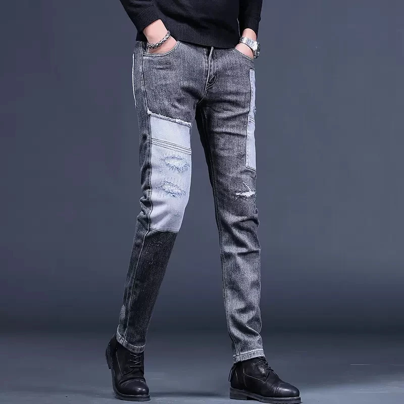 Fashion Patchwork Ripped Jeans Men Autumn Slim Fit Straight Pants Korean Style Streetwear Black Gray Denim Trousers CP2007
