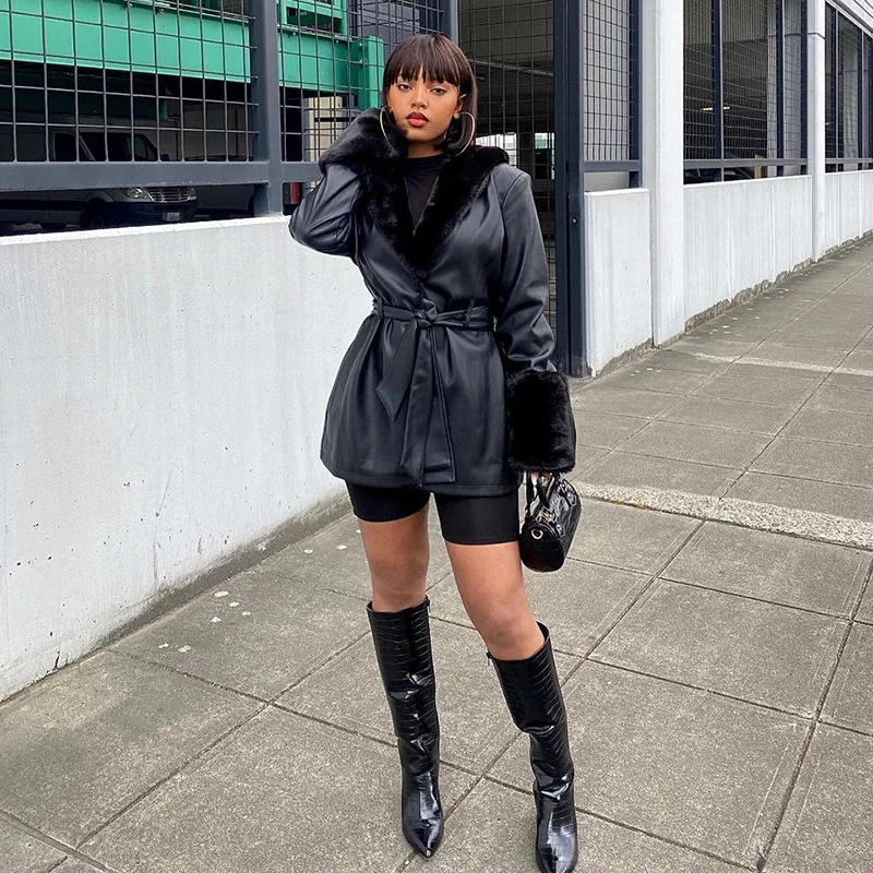 

Ladies Fashion Loose Solid Color PU Leather Coat Ladies Elegant Lace-up Cotton Jacket Women Parka Coat Fur Fur Collar Leather