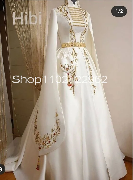 

White cheche Kaftan Prom Occasion Dresses with Cape Long Sleeve Gold Embroidery Gold Caucasian National Evening Gown