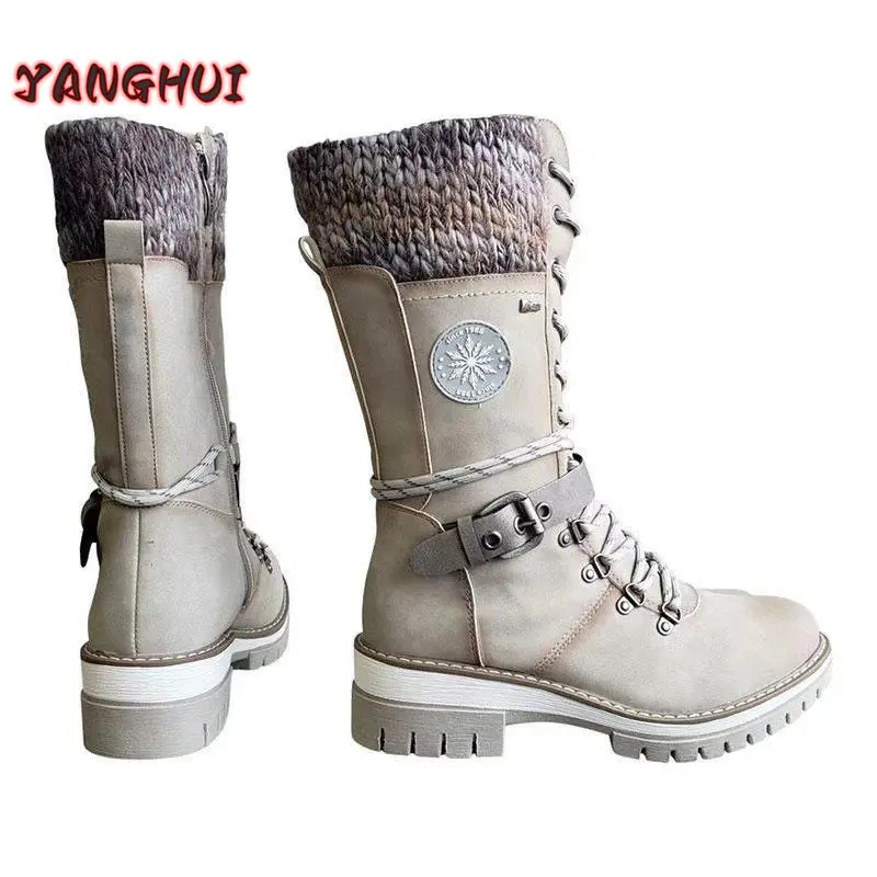 

Winter New Fashion Retro Casual Women's Boots Round Toe Square Heel Leather Buckle Wool Splice Oversize Shoes Zapatos Mujer