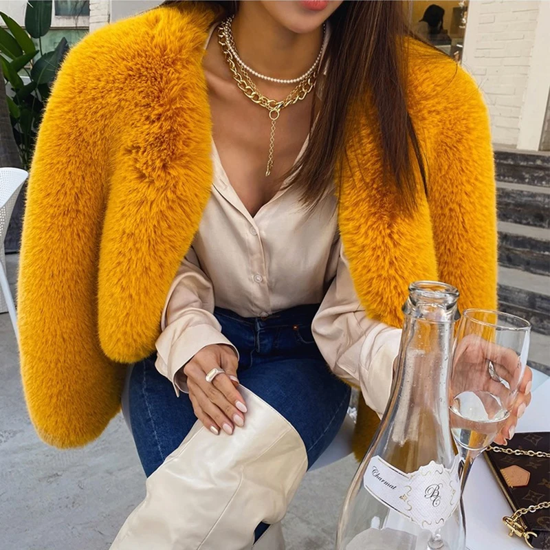 Womens Faux Fur Jacket Thick Coat Short Fashion Winter Warm Faux Fur Coat Lamb Plush Jacket Fake Rabbit Fur Short Fur Jacket