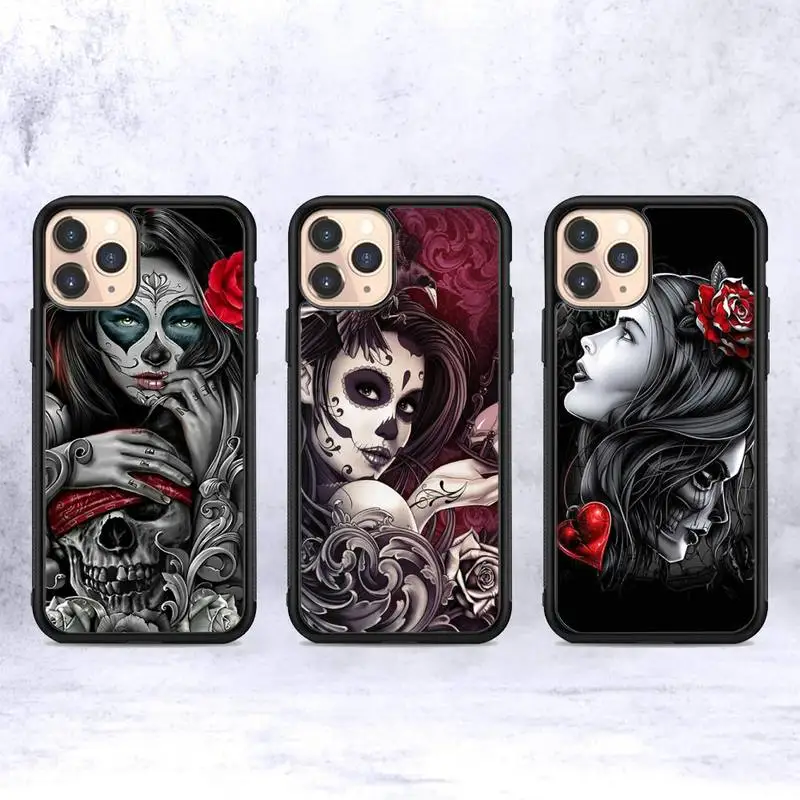 

FHNBLJ Mexican Skull Girl Phone Case Silicone PC+TPU Case for iPhone 11 12 13 Pro Max 8 7 6 Plus X SE XR Hard Fundas