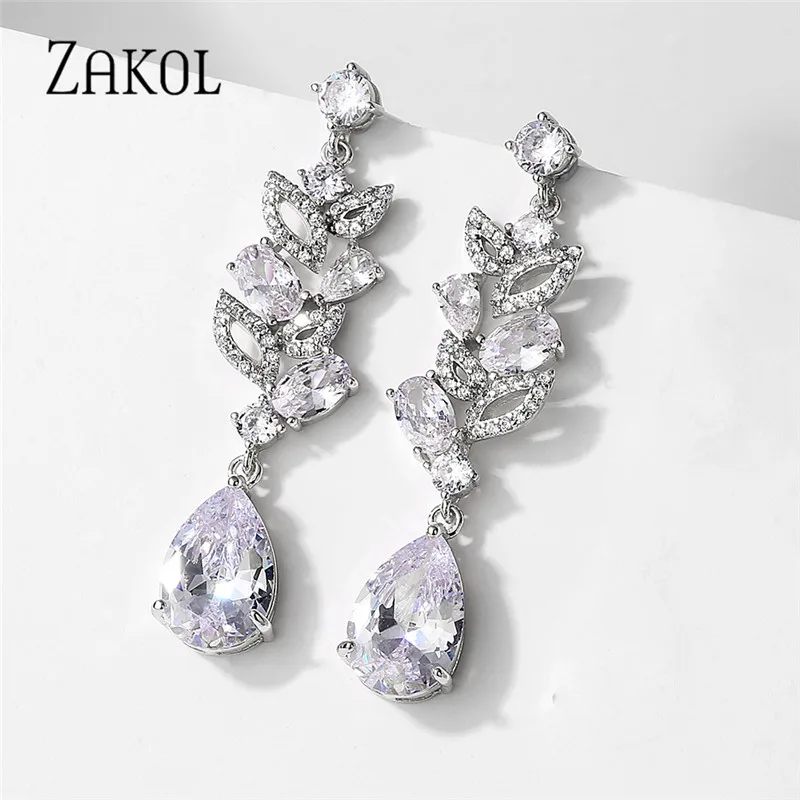 

ZAKOL Роскошные блестящие висячие серьги с фианитом для женщин AAA CZ капельки воды Свадебные обручальные серьги ювелирные изделия EP5100
