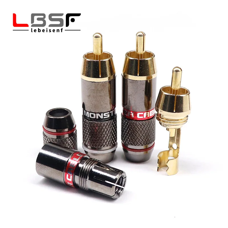 

4pcs/2pairs Monster copper gold-plated RCA male plug Lotus solder plug RCA wiring male audio and video extension socket