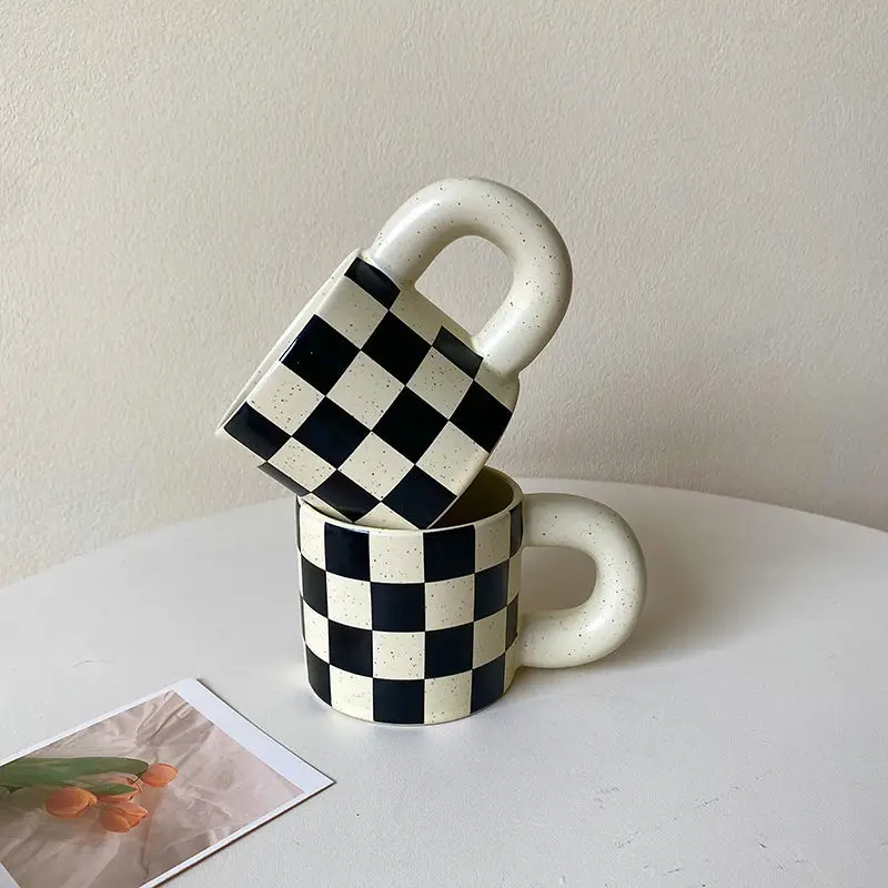 

Ins style personality cup black and white splash-ink mug retro fat handle coffee breakfast mugs