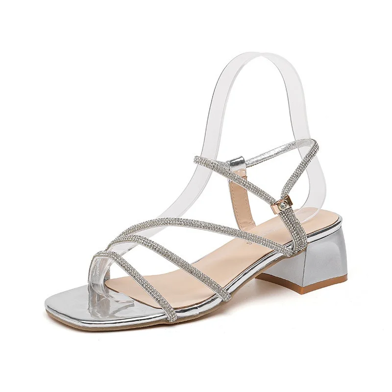 

2022 Summer New Rhinestone Sandals Slippers Women's Thick Heel Square Toe Open Toe Fashion Large Size 35-42 Women's Shoes
