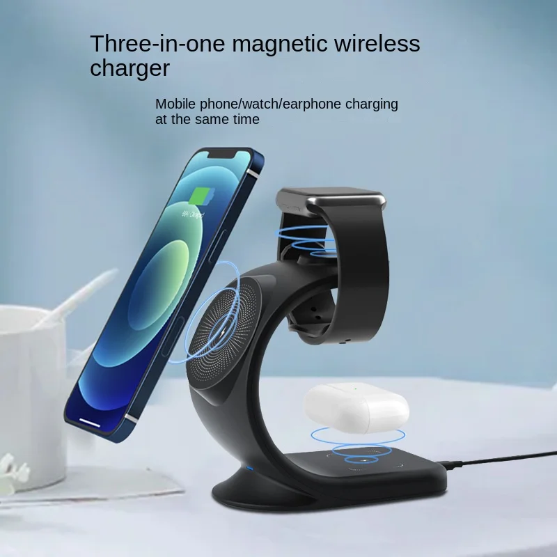 

New three in one magnetic wireless charger, suitable for Apple 13 mobile phone headset and watch vertical wireless charger