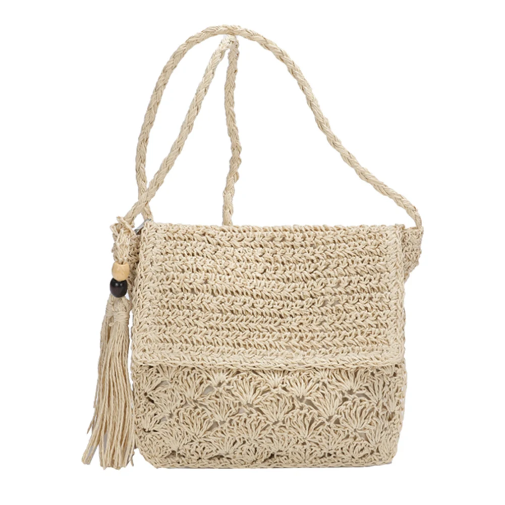

Summer Hand-Woven Handbags with Tassels Straw Woven Messenger Bag Handmade Casual Fashion Simple Flap Pocket for Seaside Holiday