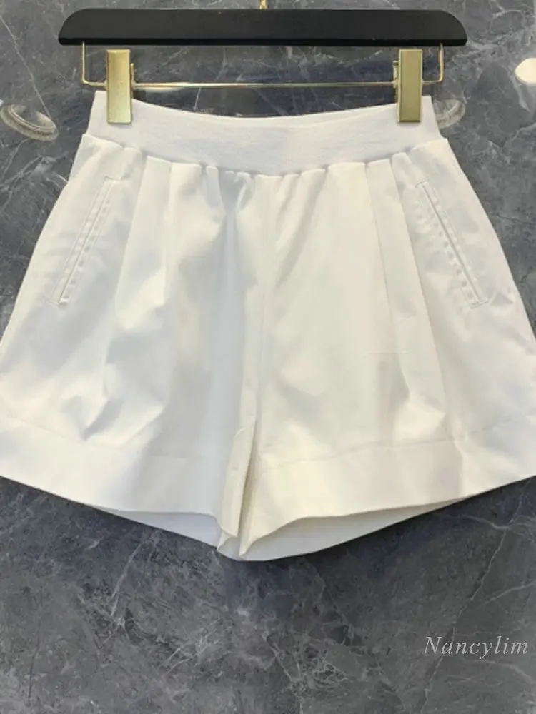 Solid Color Simple High Waist Casual White Shorts Women's 2023 Summer New Slimming All-Match Wide Leg Shorts