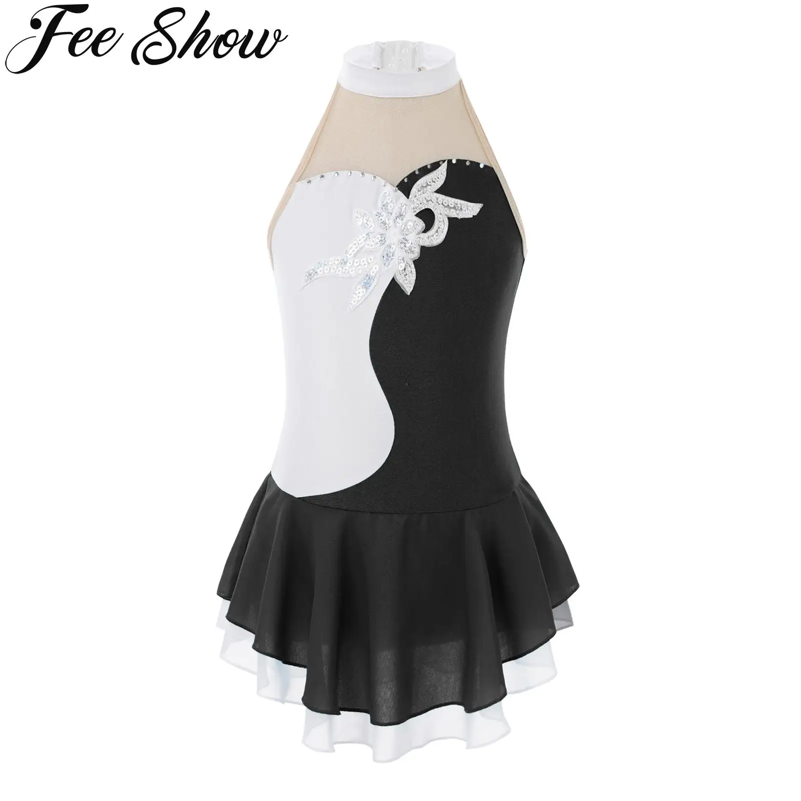 

Girls Sleeveless Figure Skating Dress Ballet Leotards Backless Shiny Sequin Sheer Mesh Dancewear for Dance Performance Training