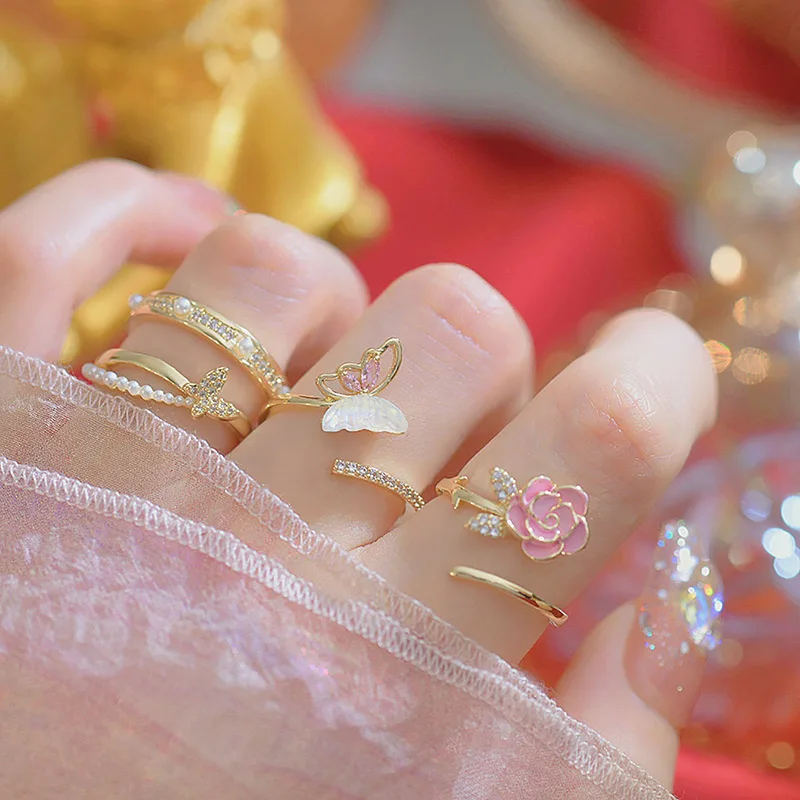 

Fresh And Sweet Design Finger Ring Enamel Camellia Zircon All-match Butterfly Pearl Double-layer Women's Fashion Pearl Open Ring