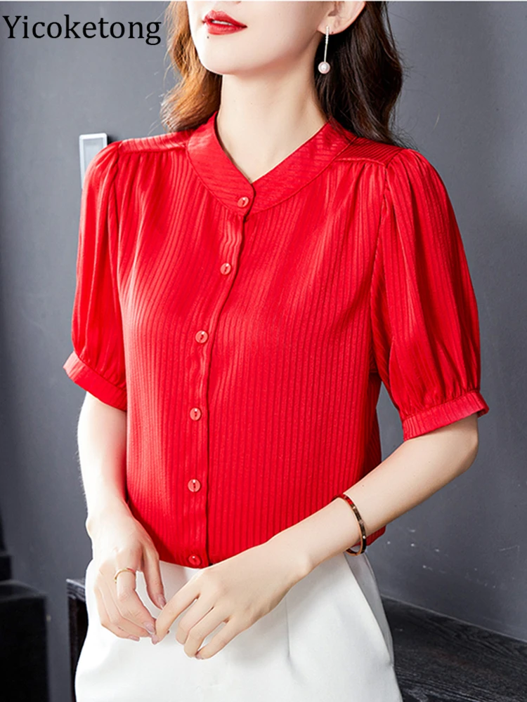 Женская шифоновая блузка с коротким рукавом V-образным вырезом - купить по