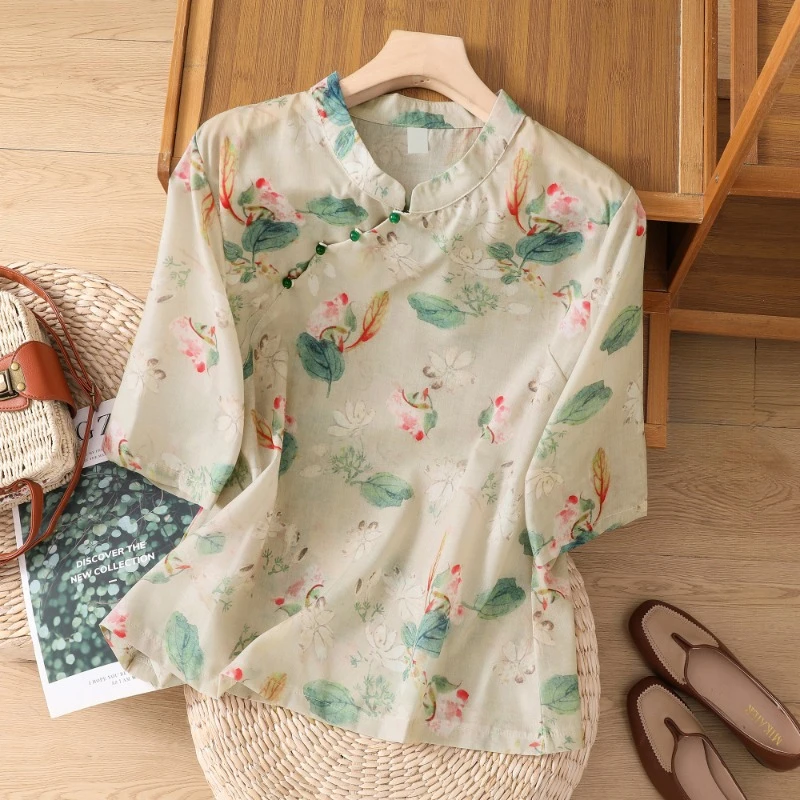

Chinese Style Women's Shirts Cotton Linen Vintage Blouses Summer 2023 New O-neck Prints Clothing Loose Short Sleeves Tops