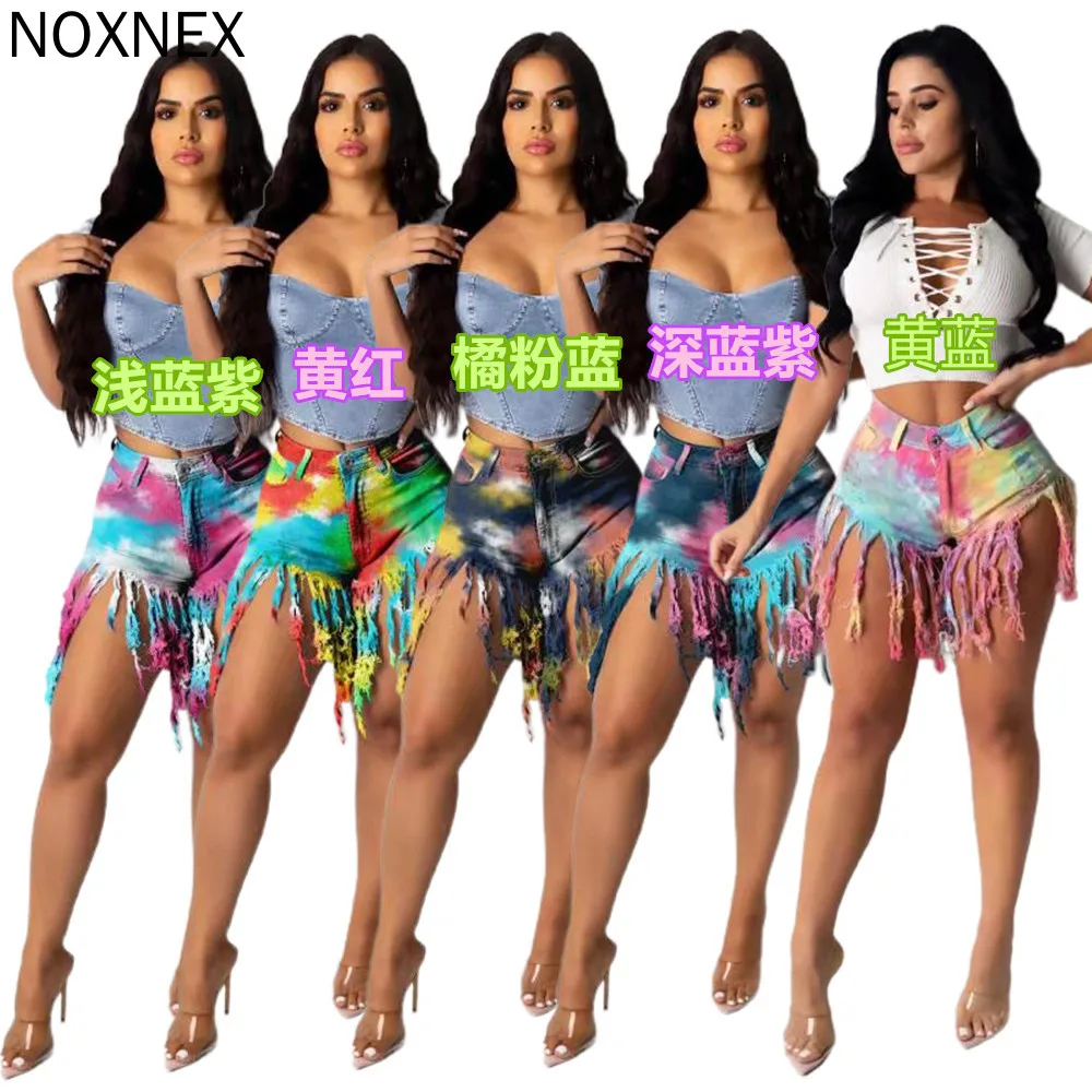 

NOXNEX 2022 fashion women Summer Women New Shorts Style Through-bottom Tie-dye Fringed Denim Shorts Women S-XXL