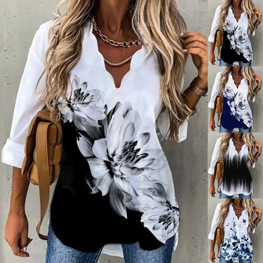 

2022 summer European and beautiful women's temperament new explosive wave collar shirt printing long-sleeved women Chiffon shirt