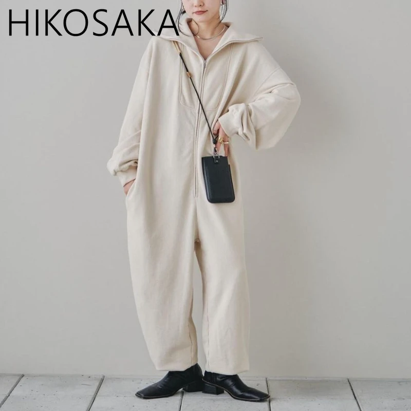 Женский комбинезон на молнии с отложным воротником и широкими штанинами