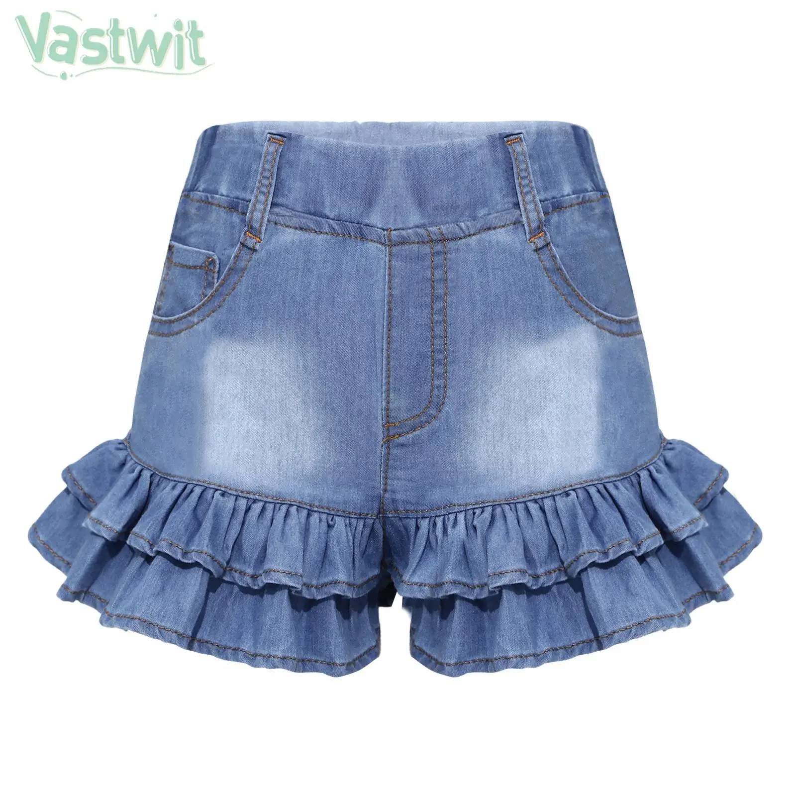 

Летние повседневные джинсовые шорты для девочек с эластичным поясом и оборками в несколько рядов, детская модная верхняя одежда, кюлоты для...
