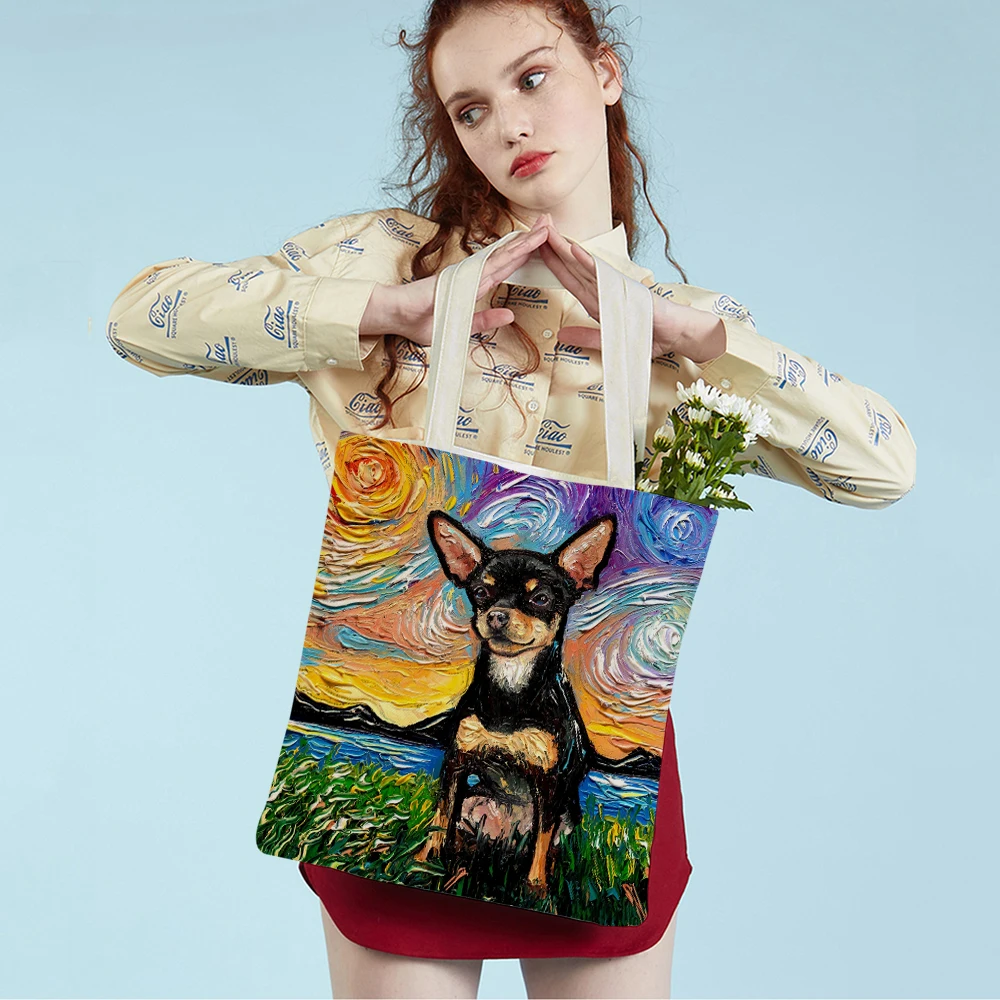 

Starry Sky Dog Oil Painting Art Tote Handbag Reusable Fashion Animal Both Sides Print Casual Canvas Cloth Shopping Shoulder Bag