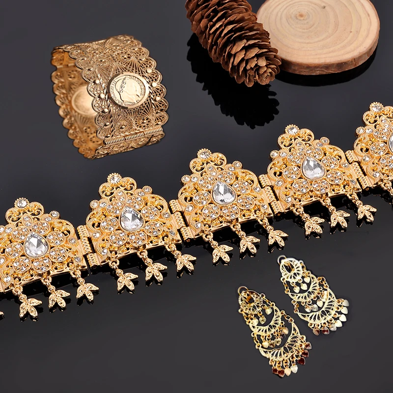 

Арабские модные свадебные ювелирные наборы, золотые марокканские украшения Caftan для женщин, цепочка для волос с кристаллами, مضمة مة مغمغمغم...