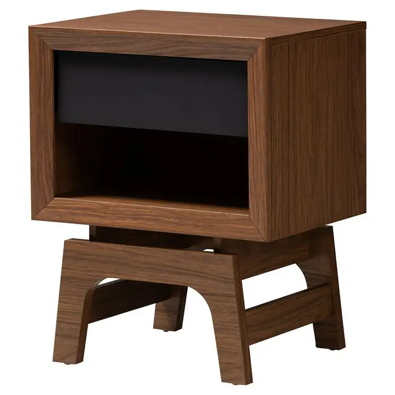 

Mid- Walnut Brown and Dark Gray Finished Wood 1-Drawer Nightstand