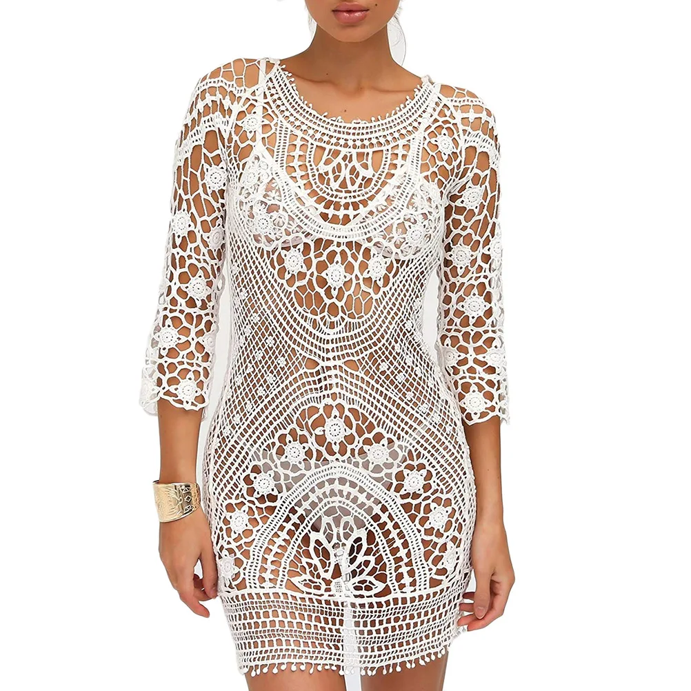 

2022 New Summer Women Bikini Cover Up Lace Hollow Crochet Swimsuit Cover-ups Bathing Suit Beachwear Tunic Beach Dress