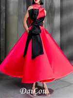 ball gown elegant color clash prom formal evening birthday dress high neck sleeveless ankle length satin with bows
