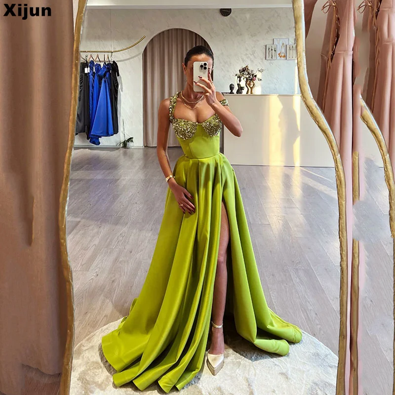 

Xijun A-Line Prom Dresses Green Off The Shoulder Side Split Crystal Evening Dress Formal Occasion Gown Vestidos De Fiesta