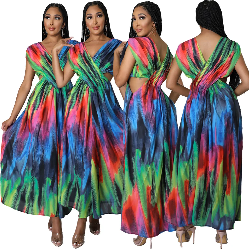 

Summer European and American Women's Printed Color Cross Shoulder Hollowed-Out Party Dinner Dress Beach Dress CY9290