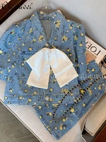 2022 summer new fashion floral blue casual denim skirt suit womens puff sleeve top short skirt two piece set for female