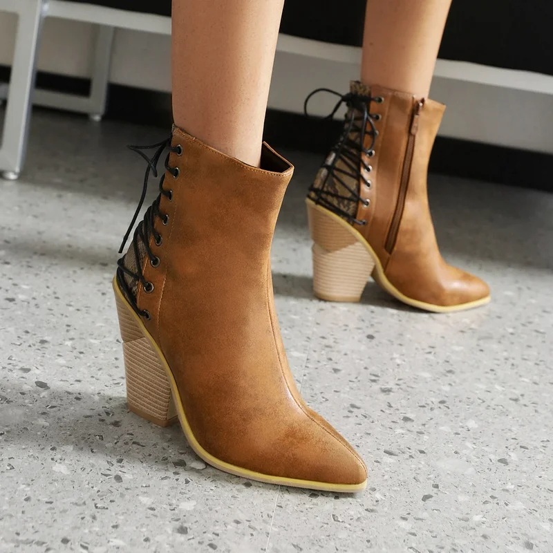 2023 Women Western Boots Fashion Pointed Toe Wedges High Heel Ladies Ankle Boots PU Leather Cross Tied Zipper Women's Boots New
