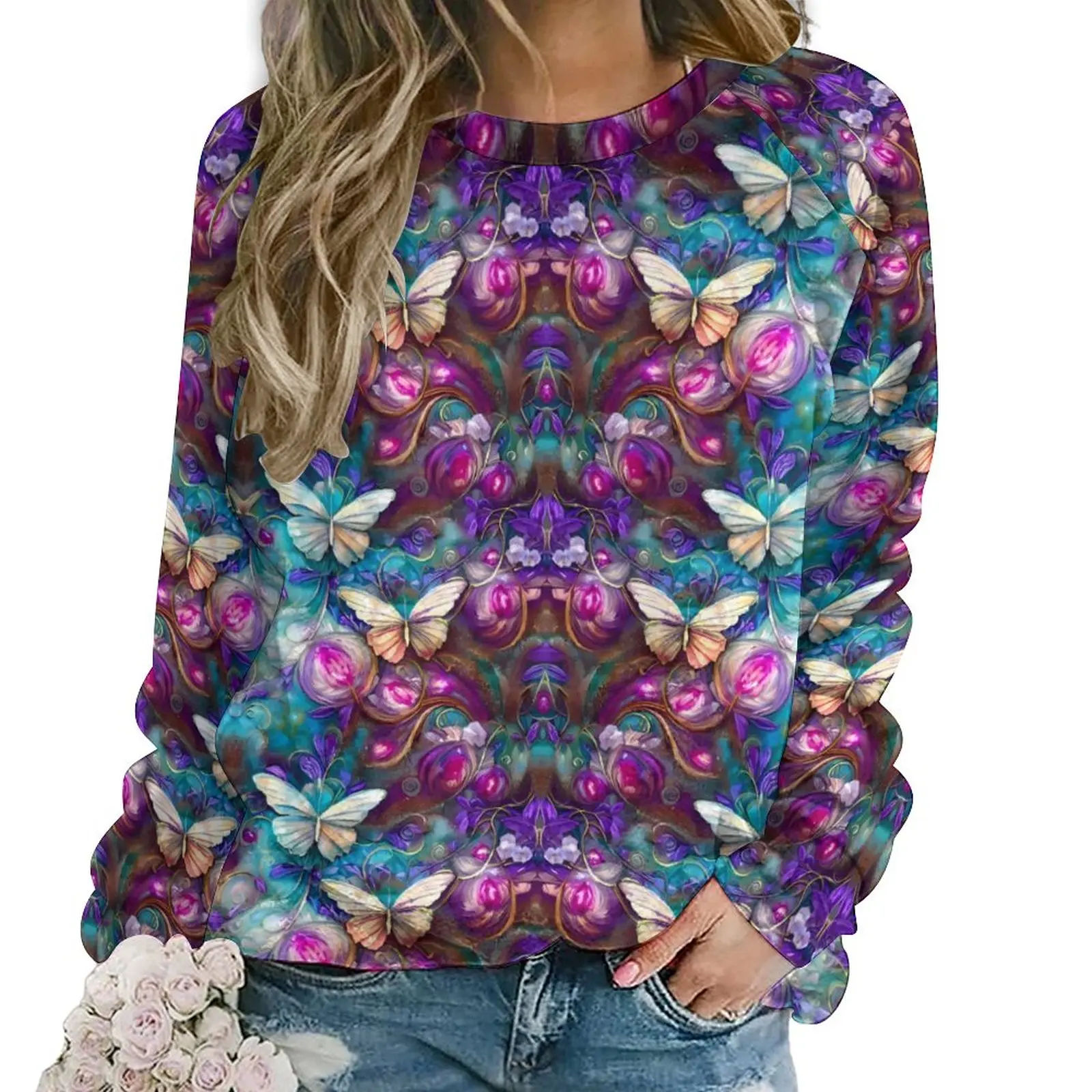 

Butterfly Print Hoodies Women Blue And Purple Street Fashion Casual Hoodie Long Sleeve Kawaii Design Clothes 2XL 3XL