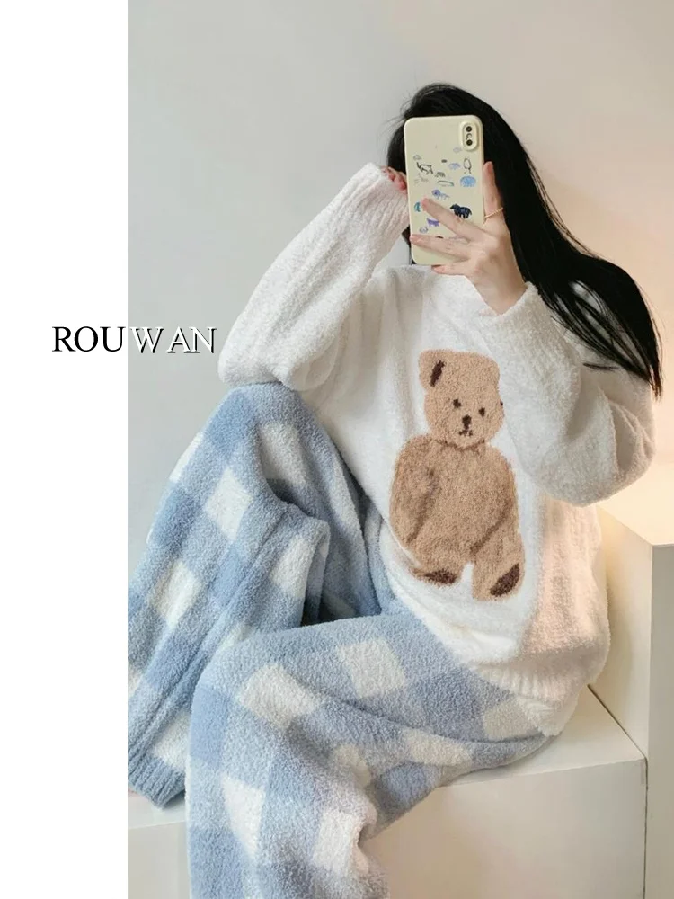Корейская полубархатная пижама с милым медведем осенне-зимний вязаный