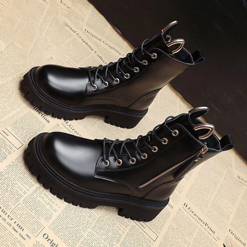 Women's Autumn Martin Boots 2021 Fashion Zipper Round Toe Cute Short Leather Woman Casual Platform Goth Shoes Motorcycle | Обувь
