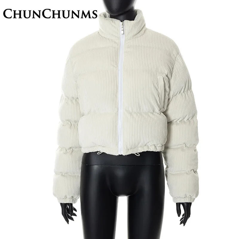 2022 Winter Corduroy Warm Cotton Down Jacket Women Fashion High Collar Long Sleeve Zipper Parkas Coat Puffer Bread Outfit Street