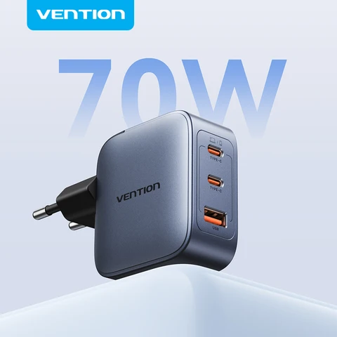 Зарядное устройство Vention 70W GaN с быстрой зарядкой Quick Charge 3.0 USB-C для iPhone 17 16 15 Pro, iPad, Macbook Air, планшетов, быстрое зарядное устройство PD Type-C