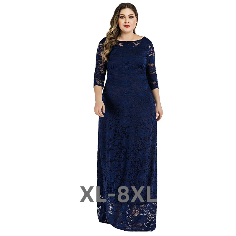 

Plus Size Elegant Sexy Evening Party Long Dress Hollow Backless Three-quarter Sleeve Lace Dress for Women Female 3xl 4xl 5xl 6xl